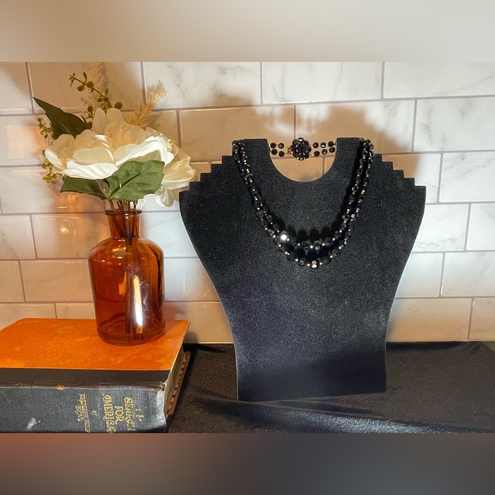 1950s Vintage Black Mourning 2 Strand Goldtone Timeless Necklace.